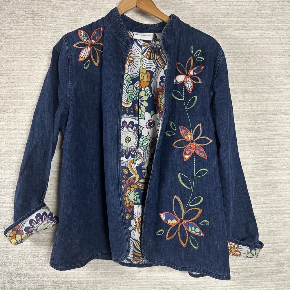 Alfred Dunner Embroidered Denim Jacket Boho Floral Artsy Women's 10 Grandmacore